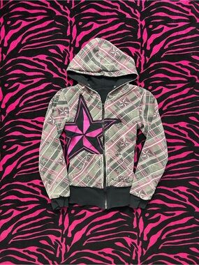Y2K Vintage grunge goth rare SoCal Star Plaid reversible Zip Up Hoodie